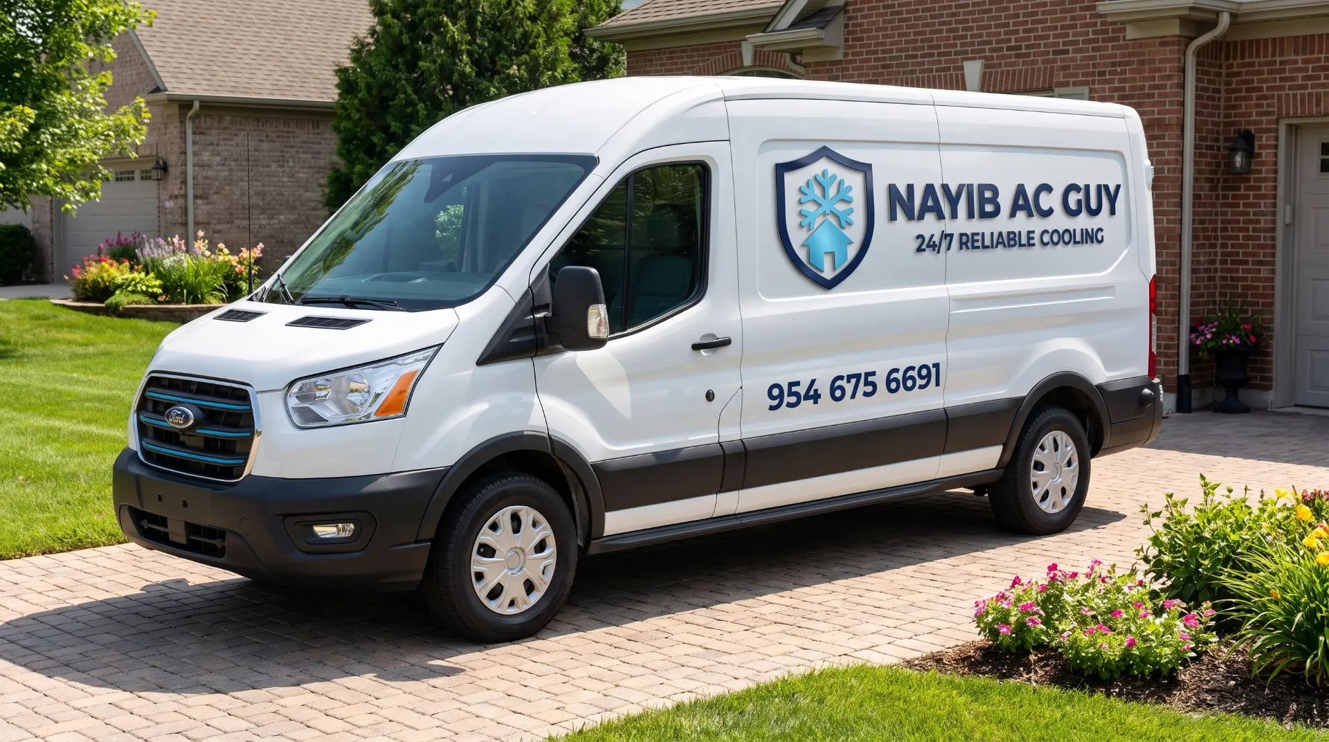 Nayib The AC Guy branded service van parked at a South Florida home