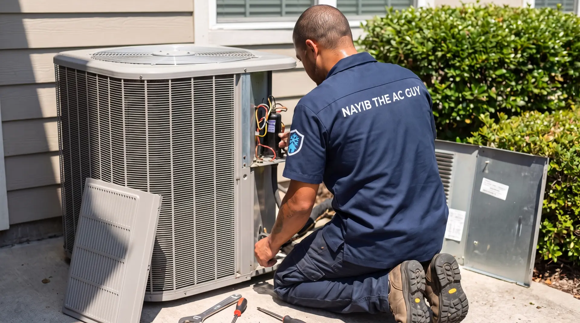 HVAC technician servicing an outdoor air conditioning condenser unit
